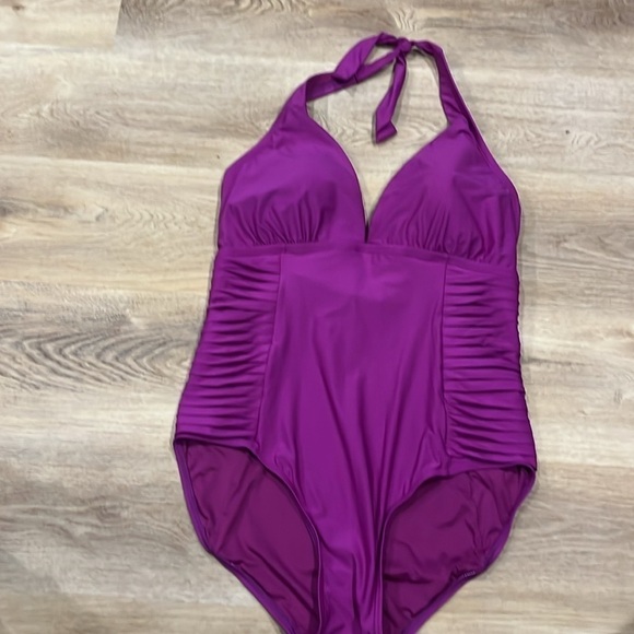 Calvin Klein Women's Dragon Fruit Pleated Halter One-Piece Swimsuit, Pink, 14 - Picture 3 of 4